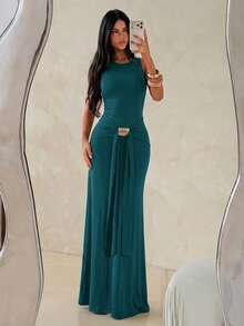 Aloruh Vestido de sirena ajustado sin mangas color marrón para mujer, nuevo para vacaciones de primavera/verano, adecuado para la calle, uso diario y desplazamientos - Agua verde azul - Ver 4