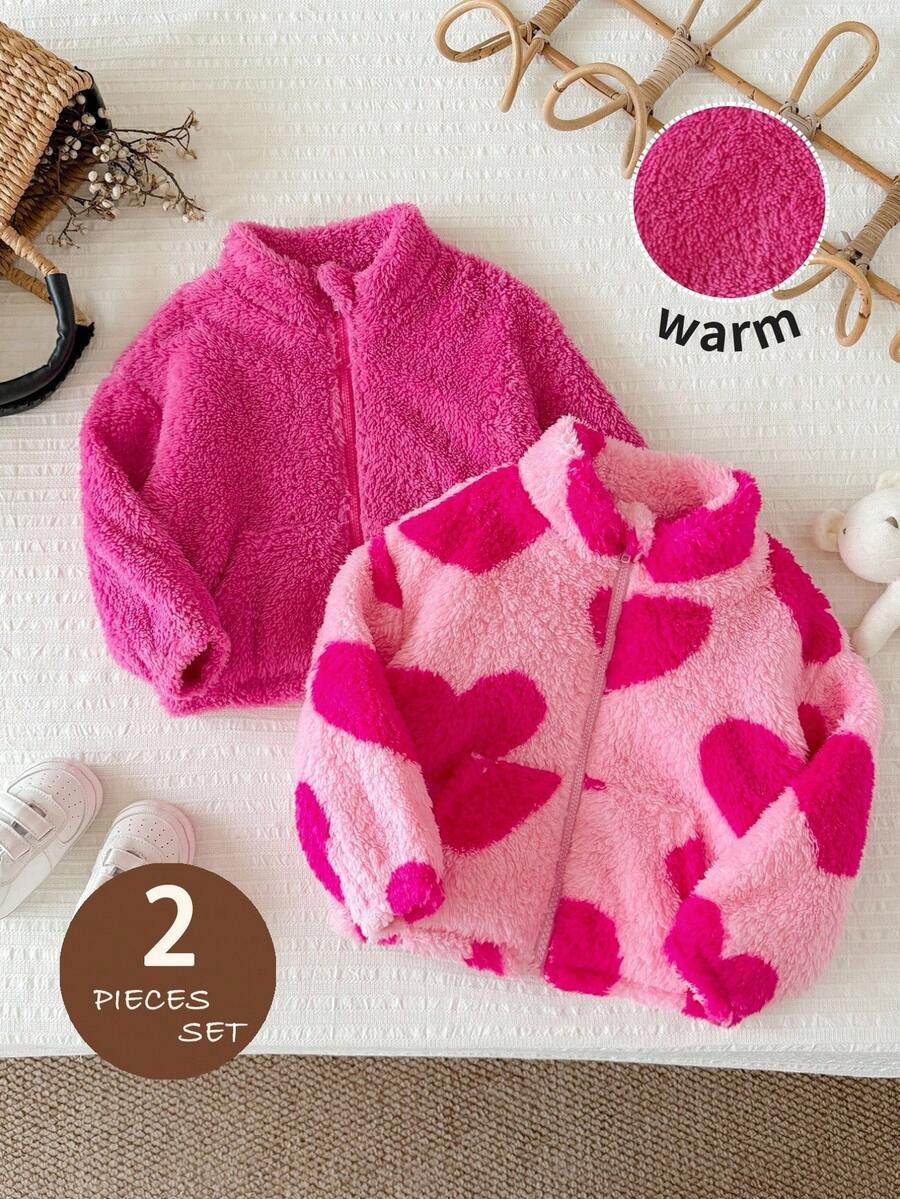 LMoss Kids 2pcs Baby Girl Autumn/Winter Cute Versatile Casual Fuzzy Leopard Print Stand Collar Jacket - Multicolor - View 1