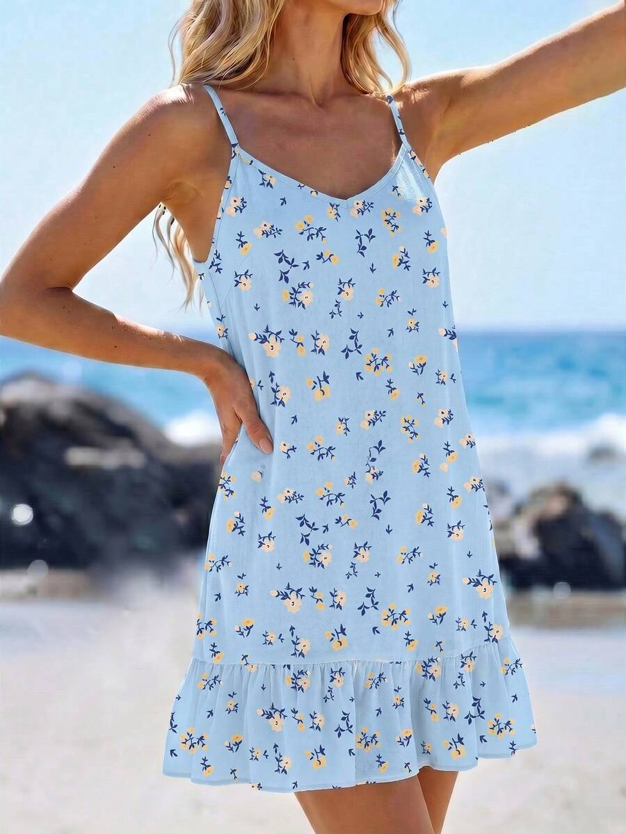 SHEIN LUNE Vestido camisola mini con estampado y volantes en el bajo para mujer - Multicolor - Ver 1