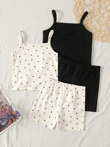 SHEIN 女童春夏季黑色與杏色愛心印花細肩帶上衣與短褲內衣兩件套 - 彩色 - 查看 2