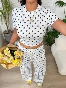 SHEIN EZwear 大尺碼女款圓點印花短袖T恤與長褲休閒兩件套 - 黑與白 - 查看 5