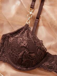 SHEIN Esselle 2pcs/Set Women's Lace Underwire Bra And Panty Set - Coffee Brown - View 5