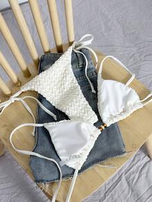 Swim Mod Women's Spring/Summer Jacquard Fabric Halter Neck Beaded Bikini Set - Beige - View 3