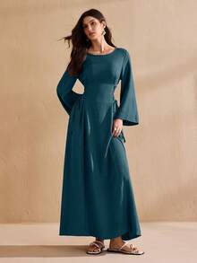 Graceveil Round Neck Solid Color Drawstring Tie Arabian Dress - Blue - View 6