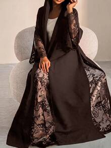 Al Najma 女款對比蕾絲長袖寬鬆版型阿巴雅長袍 - 咖啡棕 - 查看 1