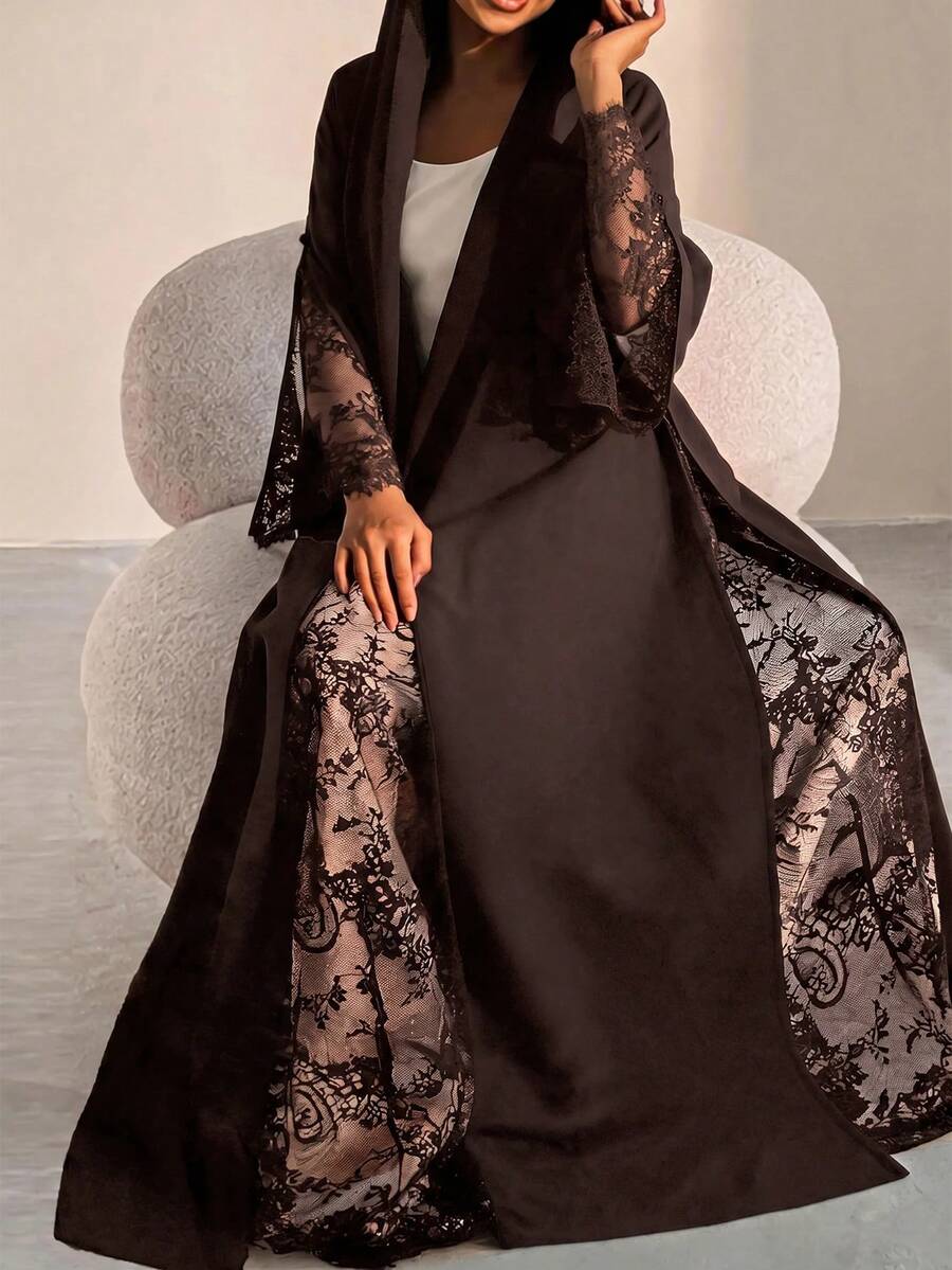 Al Najma 女款對比蕾絲長袖寬鬆版型阿巴雅長袍 - 咖啡棕 - 查看 1