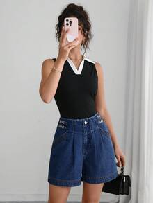 SHEIN Clasi Women's Patchwork Chain Design Pocket Casual Denim Shorts Travel Vacation Dark Blue Summer - Blue - View 4