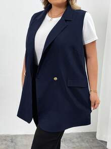SHEIN CURVE+ 大尺碼翻領雙排扣背心西裝外套 工作服 畢業返校穿搭 - 藏蓝色 - 查看 6