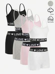 8pcs/Set Girls Heart Print Elastic Waist Comfortable Camisole & Shorts Underwear Set - Multicolor - View 3