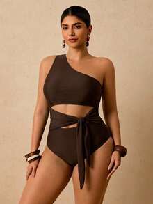 Travachic Plus Size Women's Solid Color Cutout Waist Knot One-Piece Swimsuit For Vacation Bathing Suit - Brown - View 4