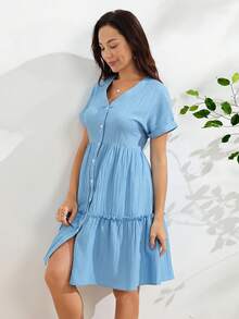 SHEIN 純色V領短袖單排扣荷葉邊下擺洋裝 - 藍色 - 查看 5