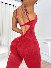 SHEIN Sports 1件女款磨砂水洗圓領扭轉細肩帶連身褲，紅色夏季性感健身運動瑜珈訓練連身褲 - 紅色 - 查看 6