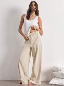 SHEIN Women's All-Season Basic Casual Fashion Minimalist Light Khaki Straight Leg Loose Fit Long Pants - Khaki - View 5