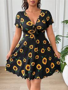 SHEIN EZwear 大尺碼夏季休閒向日葵印花洋裝 - 彩色 - 查看 3