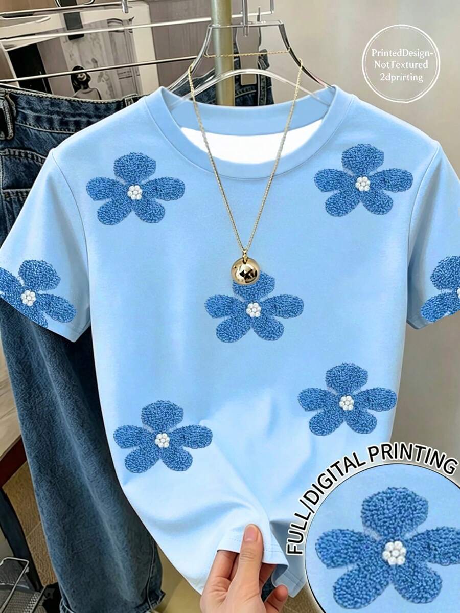 少女款数码印花蓝色短袖T恤,休闲舒适,适合春夏穿着,设计百搭,适合户外、运动、野餐、街头摄影、度假等场合,也是一份贴心的礼物。 - 彩色 - 查看 1
