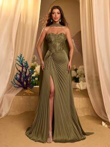Glamrae Elegant Luxury Olive Green Beaded Lace Satin Patchwork Strapless Sheer Skirt Pleated Mermaid Fishtail High Slit Train Formal Evening Gown For Date - Olive Green - View 7