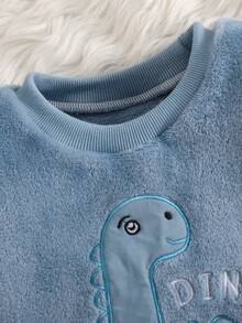 2pcs/Set Boys Dinosaur Embroidered Warm Soft Skin-Friendly Fleece Long Sleeve Long Pants Pajamas Lounge Wear Set - Dusty Blue - View 3