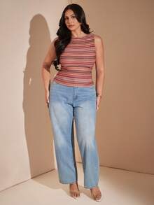 SHEIN BAE CURVE 大尺碼女款休閒條紋背心，夏季 - 彩色 - 查看 6