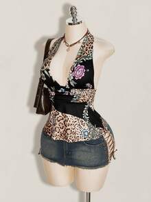 SHEIN ICON 女款中式拼接色豹紋花卉露背掛脖上衣 - 黑色 - 查看 5