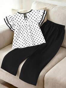 SHEIN 2件組女款春夏新款休閒通勤套裝，圓領短袖寬鬆波點上衣配蝴蝶結裝飾，搭配簡約百搭黑色梭織直筒長褲，適合日常出遊 - 黑色 - 查看 2
