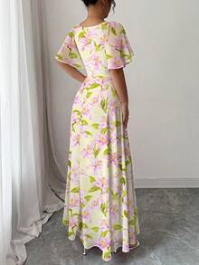 Modelyn Women's Chiffon Printed Batwing Sleeve Drawstring Sweet French Style Charming Dress, Spring/Summer - Yellow - View 2