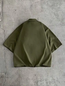AXEPEAK Conjunto de camisa y pantalones cortos con estampado de letras para hombre - Verde militar - Ver 8