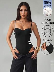SHEIN PETITE 95%棉 填充款 免內衣休閒極簡復古優雅百搭女款夏季連身衣，適合上班、沙灘度假穿著，性感抹胸露背設計，適合嬌小女性 - 黑色 - 查看 4