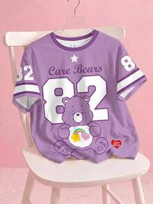 SHEIN X Care Bears Plus Size Summer Casual Numeric & Bear Print Round Neck Short Sleeve T-Shirt - White - View 1