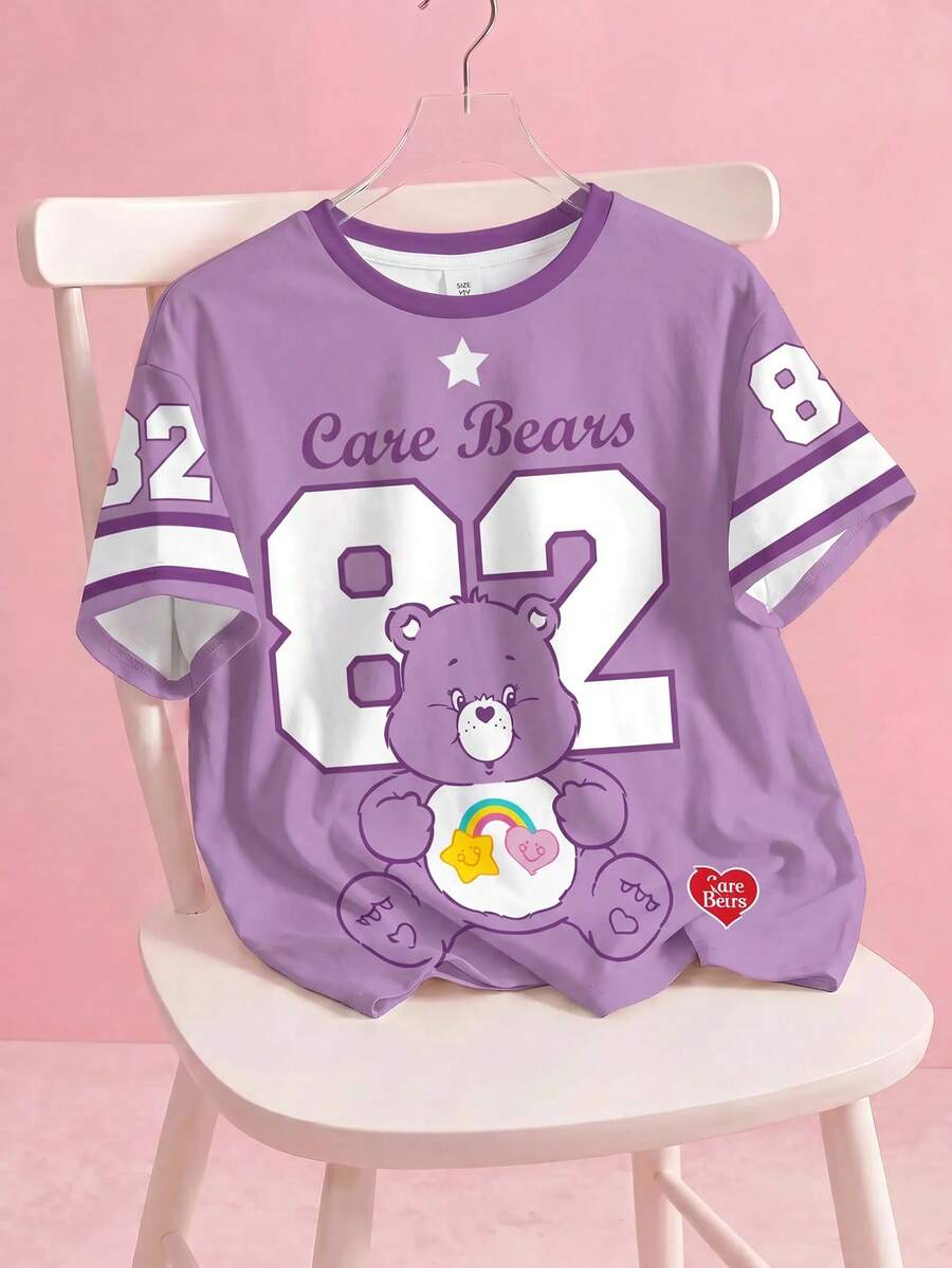 SHEIN X Care Bears Plus Size Summer Casual Numeric & Bear Print Round Neck Short Sleeve T-Shirt - White - View 1