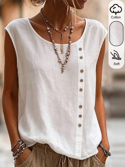 SHEIN Holidaya Summer Holiday June Festival Outing Top, Casual Elegant Vacation Fitted Short Sleeve White Shirt, Beach Shirt, Holiday Shirt, Country Style Shirt, Elegant Shirt, Commute Shirt, Date Shirt, Daily Shirt, Casual Shirt, Round Neck Button Decor Design, Traceable Cotton Fabric Top