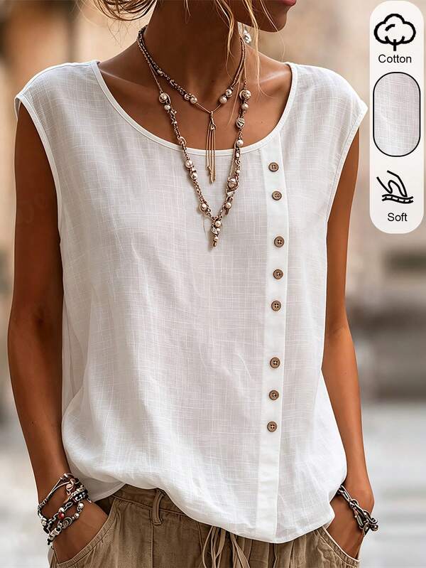 SHEIN Holidaya Top estivo per vacanze e festival di giugno, camicia bianca aderente a maniche corte casual ed elegante, camicia da spiaggia, camicia da vacanza, camicia stile country, camicia elegante, camicia da pendolarismo, camicia da appuntamento, camicia quotidiana, camicia casual, scollo rotondo con decorazione a bottoni, top in tessuto di cotone tracciabile