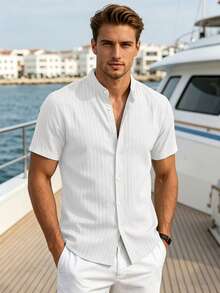 VENTUSAIL Men's Solid Colour Casual Short-Sleeve Shirt, Summer Vacation, Vintage Style For Men - White - View 4