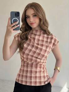 SHEIN 青少年女孩立領百褶設計上衣，優雅通勤上衣，適合辦公場合，百搭時尚單品，日常穿著、聚會，棕色格紋圖案，休閒風格 - 粉色 - 查看 2