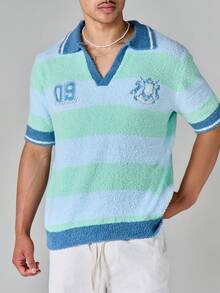 SUMWON Boxy Fit Fuzzy Knit Stripe Polo With Embroidery Short Sleeve V-Neck Collared Summer Sweater Top - Multicolor - View 3