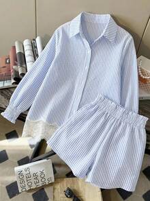 Teen Girl Minimalist Casual Elegant Textured Blue & White Striped Contrast Lace Blouse Fall/Winter - Blue and White - View 11