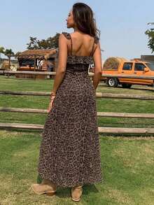 Livesso Women's Leopard Print Spaghetti Strap Dress Vacation Summer Brown Sexy 70s Retro 90s Night Out - Coffee - View 2