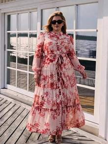 Anewsta Spring & Summer New Arrival Stand Collar Dopamine Floral Print Elegant Maxi Dress, Fashionable Vacation Style, Suitable For Valentine's Day Outfit - Multicolor - View 1