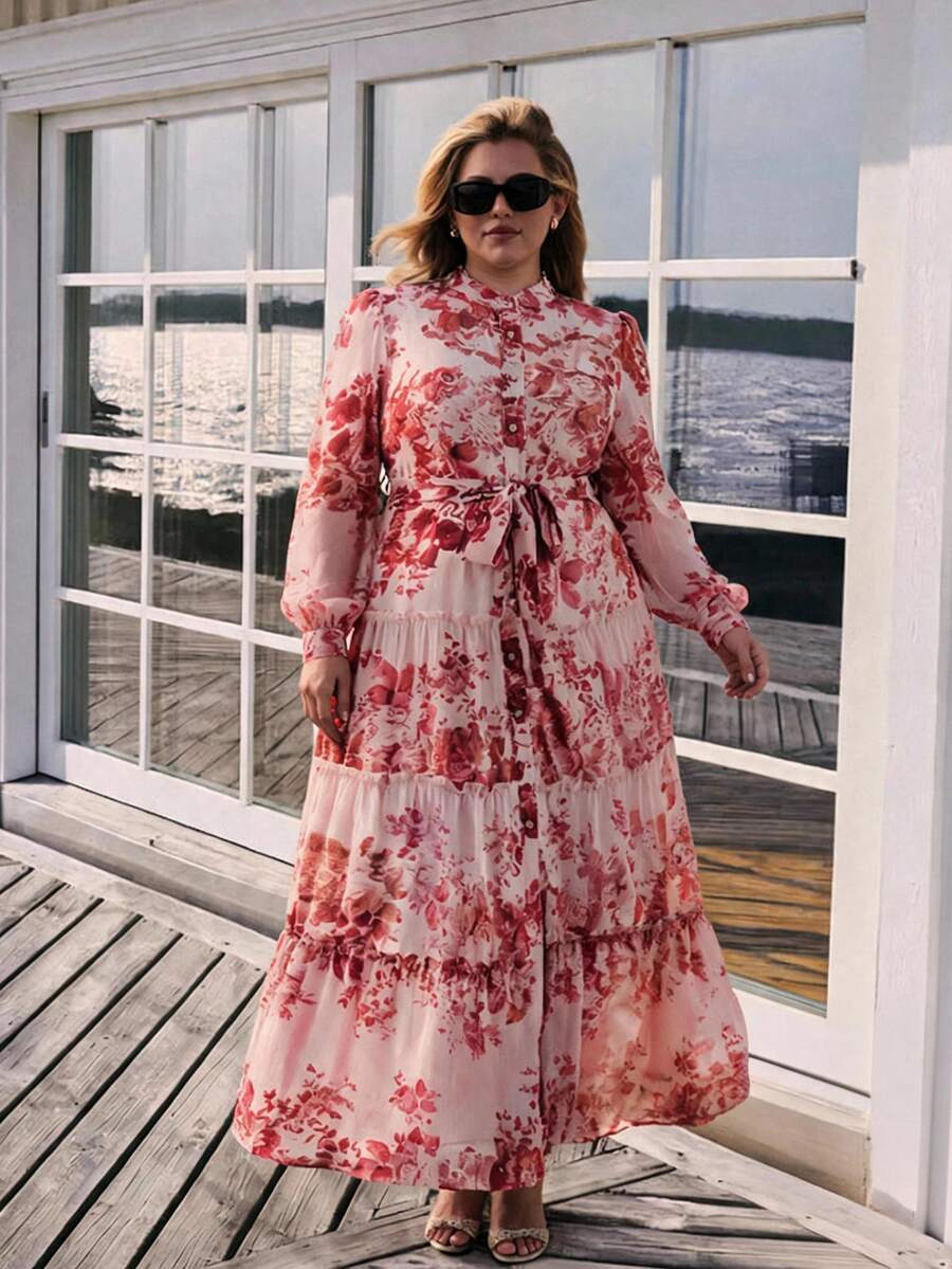 Anewsta Spring & Summer New Arrival Stand Collar Dopamine Floral Print Elegant Maxi Dress, Fashionable Vacation Style, Suitable For Valentine's Day Outfit - Multicolor - View 1