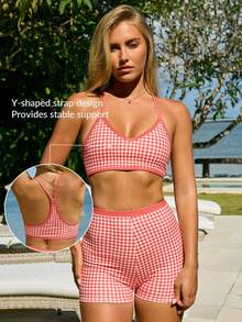 Fluxe Women Cute Red Plaid Camisole Top Paired With Matching High-Waisted Shorts Is Perfect For Everyday Wear, Yoga, And Gym Includes Removable Breast Pads - Red - View 6