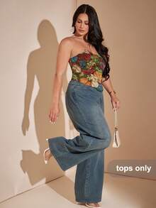 SHEIN BAE CURVE 大尺碼女款提花不對稱下擺抹胸上衣 - 黑色 - 查看 4