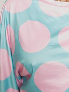 MUSERA Blue Pink Polka Dot Jersey Batwing Cinched Waist Longsleeve Top - Multicolor - View 6