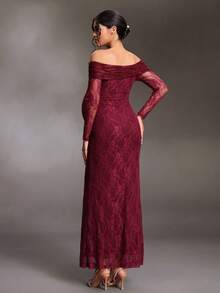 Cheriluna Maternity Maternity Off-Shoulder Long Sleeve Fitted Elegant Lace Photography Dress - Burgundy - View 2