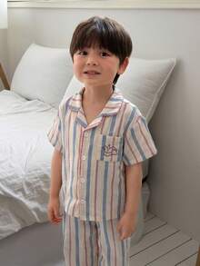 DAZY 男嬰韓系條紋領短袖上衣與長褲2件套居家服 夏季 - 米色 - 查看 8