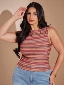 SHEIN BAE CURVE 大尺碼女款休閒條紋背心，夏季 - 彩色 - 查看 7