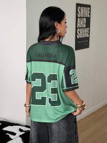 Coolane 女款春夏Y2K街頭風復古透氣網眼圖案數字印花美式足球T恤 - 綠色 - 查看 2