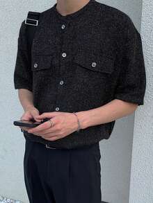 DAZY Short Sleeve Collarless Minimalist Textured Fabric Men's Shirt Summer - Black - View 2