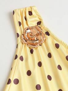 Sweetra Women's Summer Brown Metallic Floral One Shoulder Cami Top & Pleated Layered Mini Skirt - Light Yellow - View 6