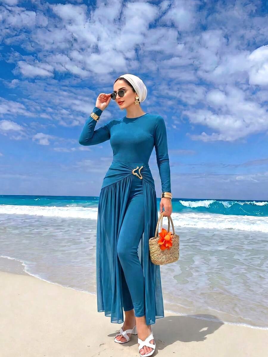 Swim Shayni 优雅的蓝绿色女士长袖连体裤和薄纱裙套装 - 不对称金属扣和长裤款式,是度假或节日场合的理想之选 - 水鴨藍 - 查看 1