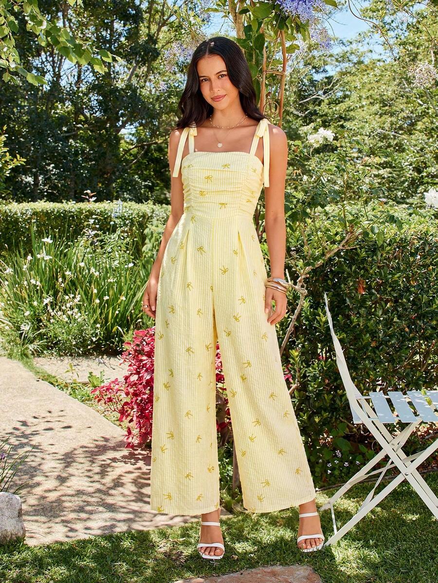 KARISMINA Women's Elegant Sexy Tropical Spring/Summer Pale Yellow Jumpsuit With Back Shirred Design, Inclusive Fit Brunch Vacation - Yellow - View 1