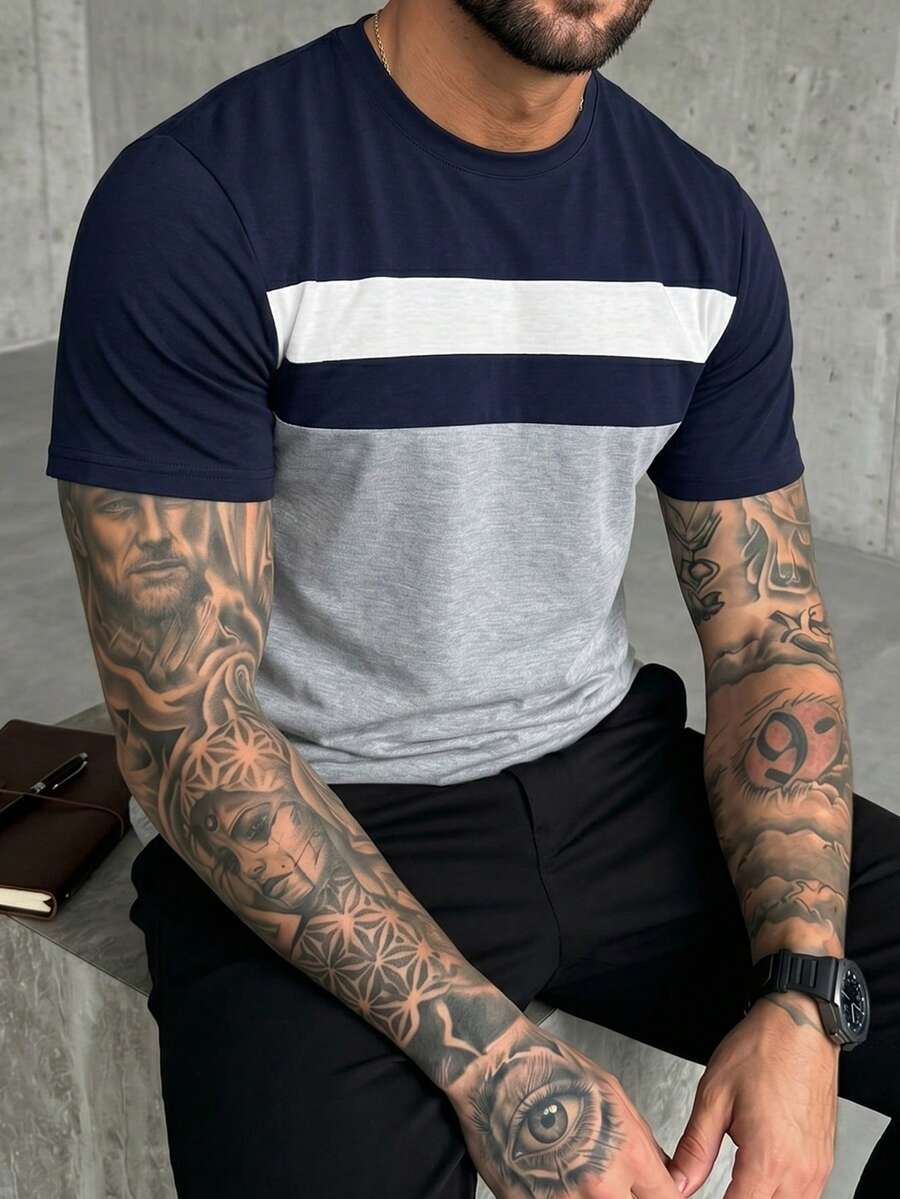 Manfinity CasualCool Kaos Pria Lengan Pendek Kerah Bulat Warna Kontras Kasual Serbaguna - MultiWarna - View 1